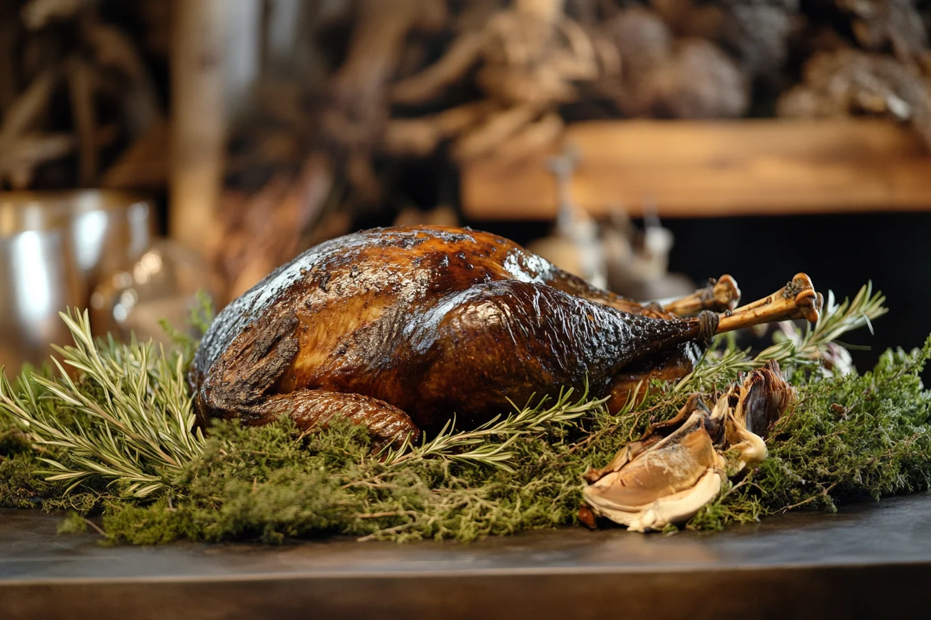 Whole roasted wild turkey on a serving platter garnished with herbs. How to Cook Wild Turkey