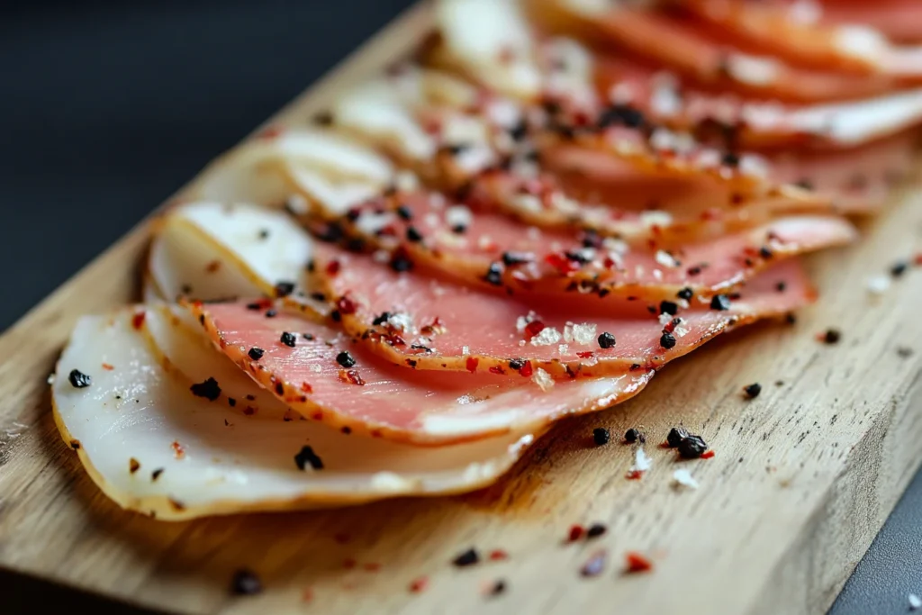 Slices of Is turkey pastrami healthy? turkey pastrami arranged on a wooden cutting board