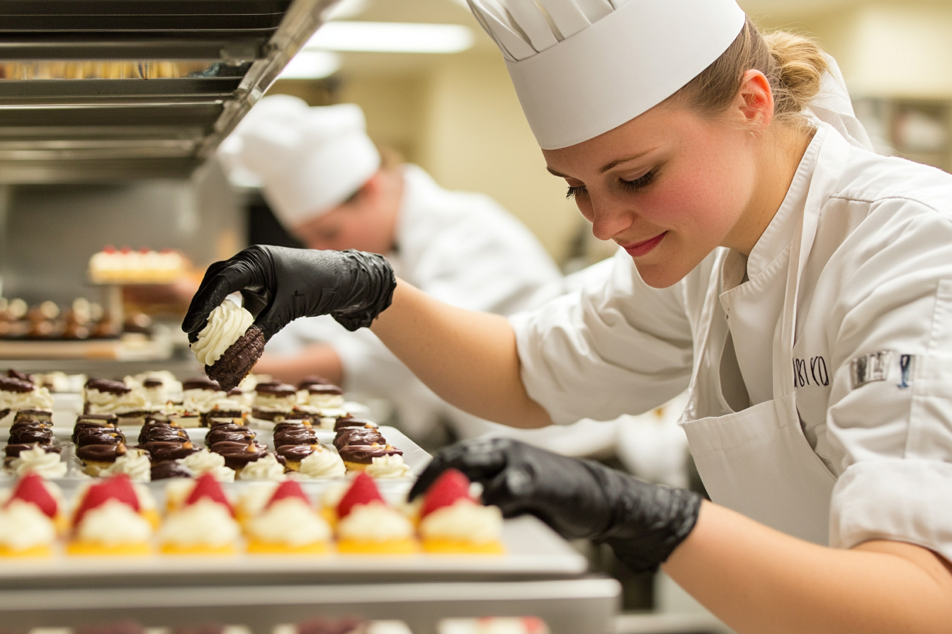 Pastry chef preparing a dessert in a professional kitchen