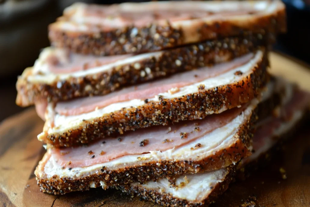 Slices of turkey pastrami on a cutting board, garnished with herbs