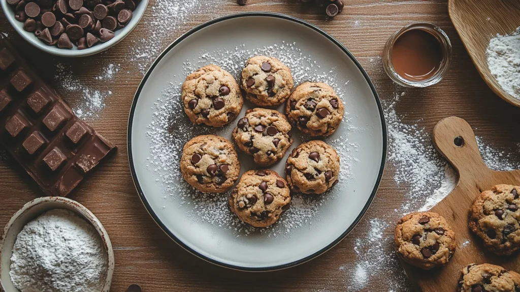 What are some fun facts about chocolate chip cookies? Freshly baked chocolate chip cookies on a tray.