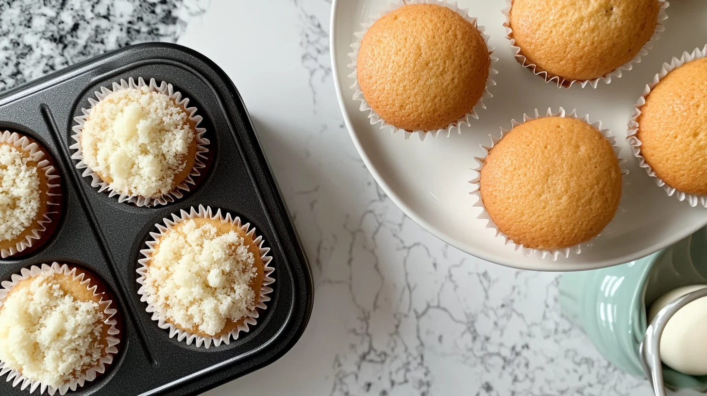 A top-down view of gluten-free cupcakes featuring What is a good egg substitute for gluten-free cupcakes? in a home kitchen.