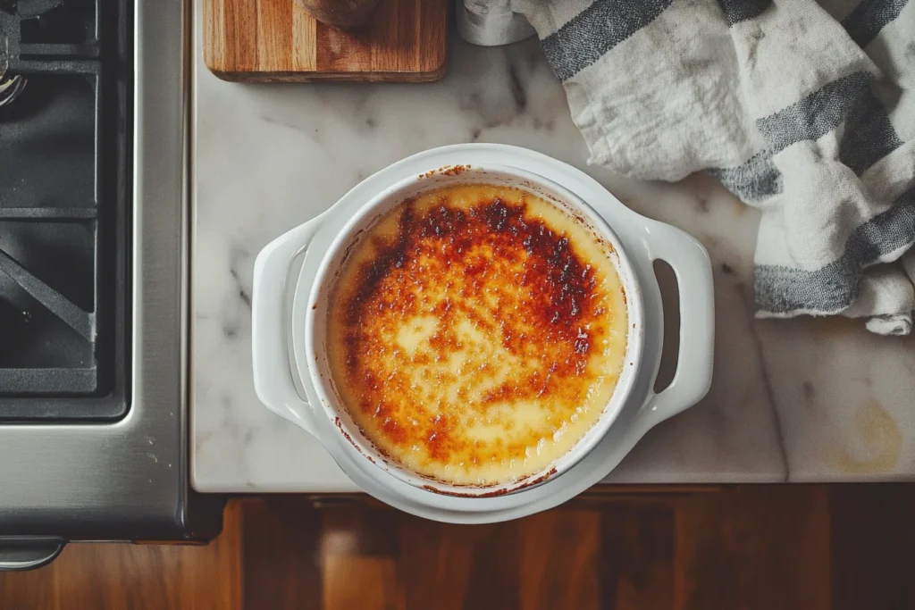 Overhead shot of crème brûlée custard showing what is crème brûlée mostly made of?
