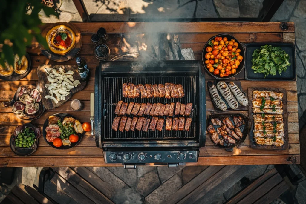 A top-down view of brisket in a smoker, illustrating What is the best food to smoke in a smoker?