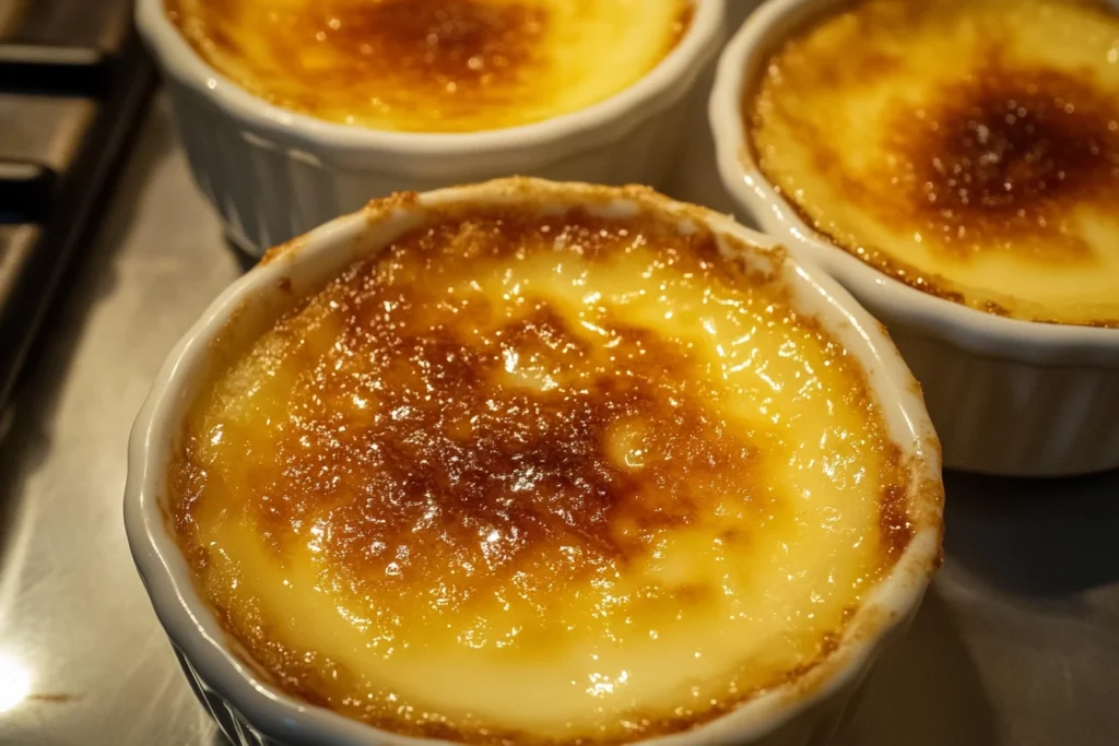 A top-down view of crème brûlée showing its caramelized sugar crust; What type of cream is best for crème brûlée?