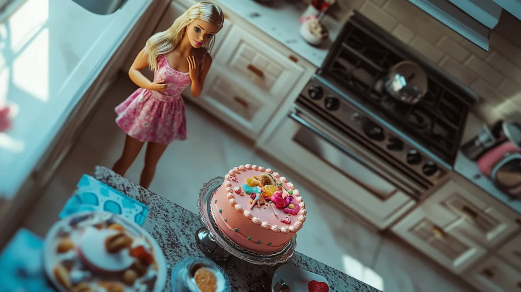 barbie cake with a pink frosted doll skirt on a kitchen counter