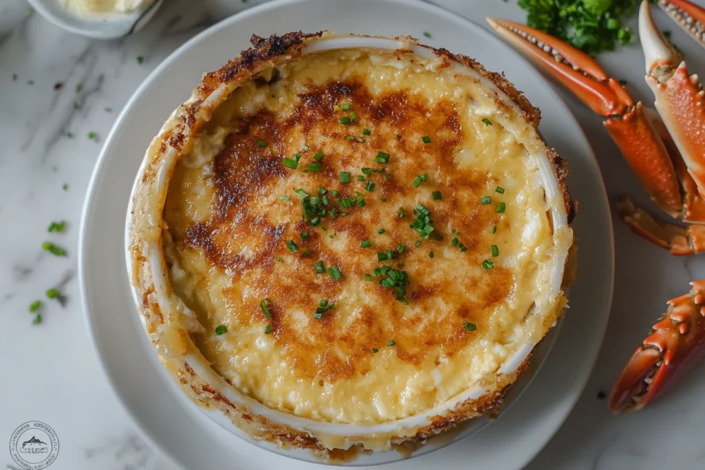 Savory crab brulee recipe served in a ceramic ramekin