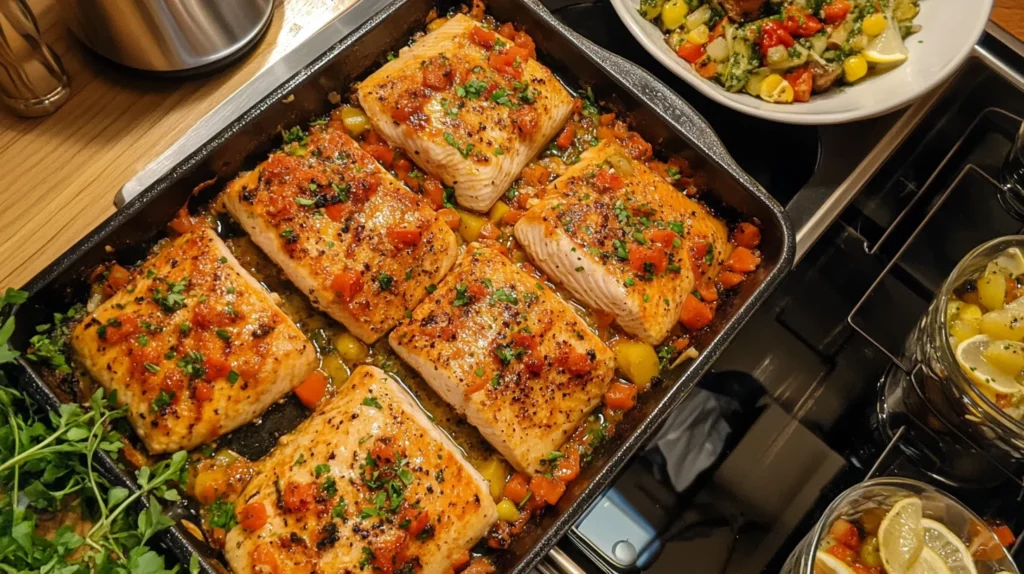 Homemade fish food recipe with fresh ingredients on a kitchen counter