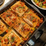 Homemade fish food recipe with fresh ingredients on a kitchen counter