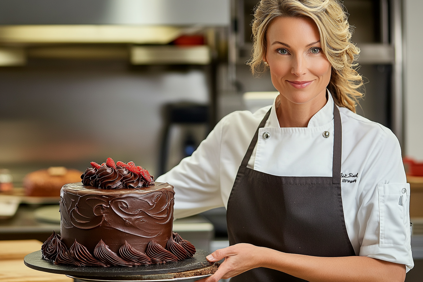 Pastry chef decorating a chocolate cake in a professional kitchen