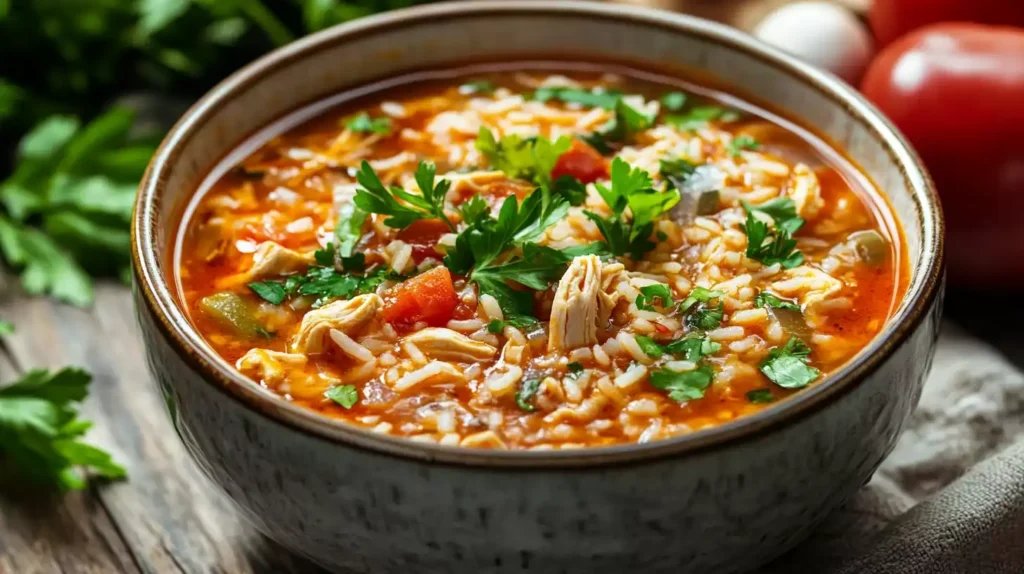 Different bowls of chopt spicy chicken soup recipe with rice with varied ingredients