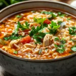 Different bowls of chopt spicy chicken soup recipe with rice with varied ingredients
