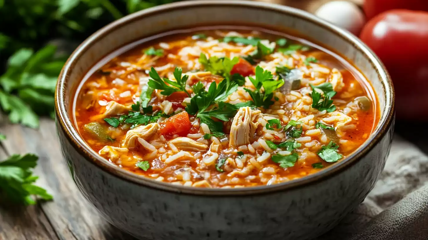 Different bowls of chopt spicy chicken soup recipe with rice with varied ingredients