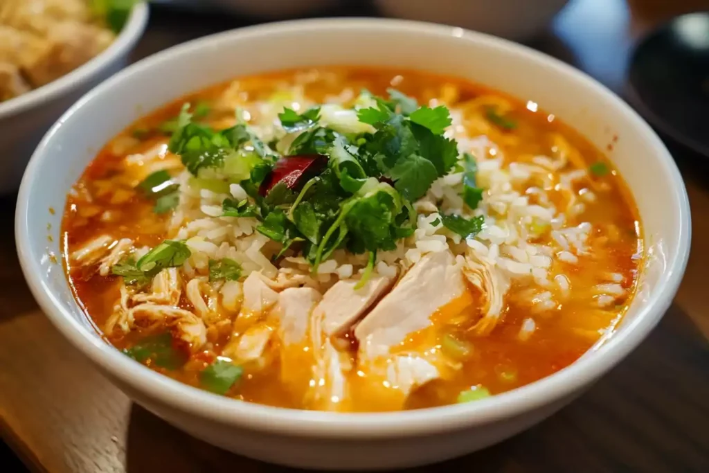 A bowl of thick chicken and rice soup garnished with herbs and a side of bread. How To Thicken Chicken and Rice Soup?