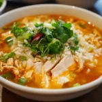 A bowl of thick chicken and rice soup garnished with herbs and a side of bread. How To Thicken Chicken and Rice Soup?