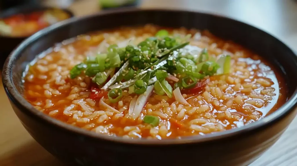 A bowl of rice soup with vegetables. Can I add rice directly to soup?