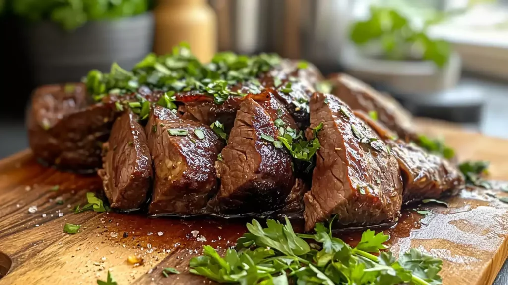 Appetizing cooked beef liver with garnishes