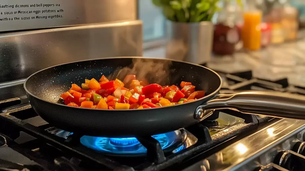 Sautéing vegetables for a Mexican eggs and potatoes dish