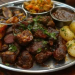 A plate with cooked beef spleen and side dishes. What Does Beef Spleen Taste Like