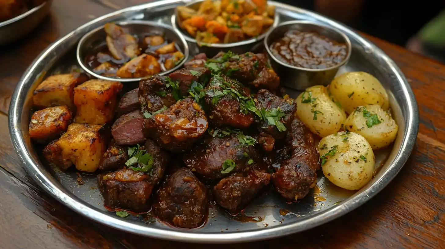 A plate with cooked beef spleen and side dishes. What Does Beef Spleen Taste Like