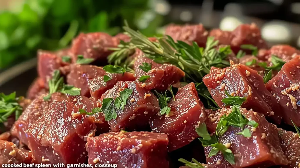 Delicious cooked beef spleen with garnishes