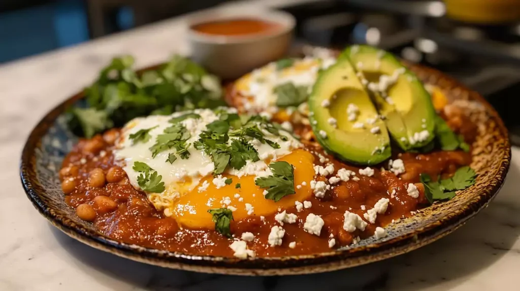 Authentic Mexican breakfast: Huevos Rancheros with beans and avocado.