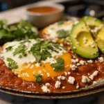 Authentic Mexican breakfast: Huevos Rancheros with beans and avocado.